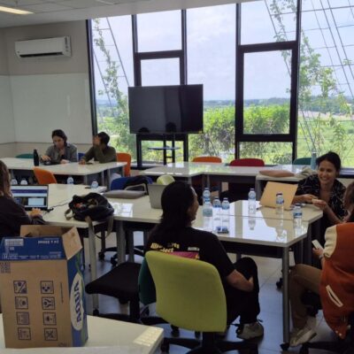 Student researchers working together with peers impacted by flooding, BINUS university, Semarang Campus, February 2025. Credit: Author.