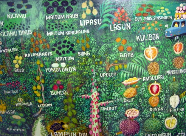 36 Jenis Buah dalam Hutan Pupus Akibat Pembalakan Haram di Sabah’ (2011) (36 Fruits in the Forest Extinct because of Illegal Logging in Sabah). Published with the permission of the Sabah Art Gallery.