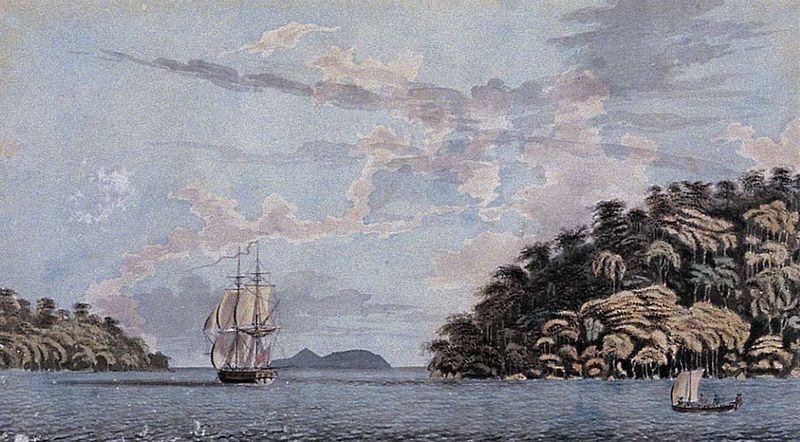 Ensign Caldwell. H.M. Brig, Viper – 16 Guns Sailing Between the Little Island of Pulo Reyma and Pulo Penang. 1778. Watercolour. 27.5 x 49.1 cm. Penang Museum.