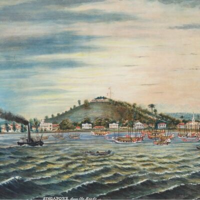 Robert Wilson Wiber. Panoramic View of Singapore from the Harbour. 1849. Watercolour and gouache on paper. 33 x 67 cm. Collection of National Gallery Singapore. Image courtesy of National Heritage Board, Singapore.