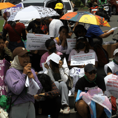 Indonesian women take part in a demonstration to commemorate International Women's Day in Sleman, Yogyakarta, Indonesia on March 8, 2024. Credit: Kemarravv13/Shutterstock.