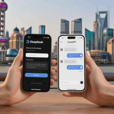 Close-up of 2 mobile phones one showing ChatGPT and the other showing DeepSeek. An AI-generated image created with input from the authors. Credit: Doubao (A Chinese-developed AI Chatbot)