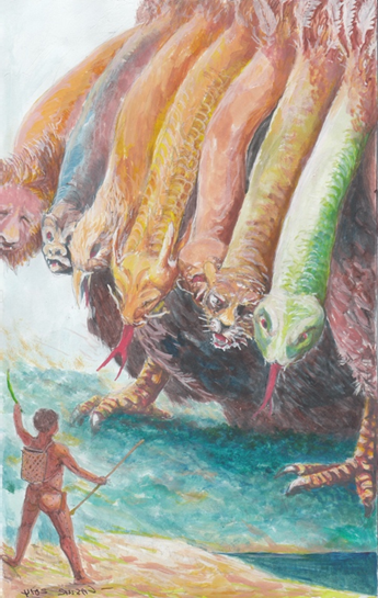 Illustration: Bah Luj soars into the sky and swiftly decapitates the seven heads of the garuda from the story Bah Luj and the Garuda. Used with permission from Pandak Basri.