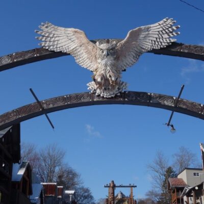 Entrance gate to Lake Akan Ainu Kotan community with decorative owls, December 2022.