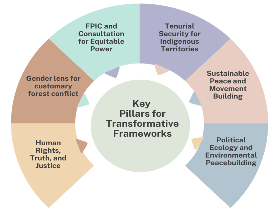 A graphic showing 6 Key Pillars for Transformative Frameworks. The Framework can be institutionalised as guiding principles across sectors, ensuring Indigenous peoples retain control over decision-making.