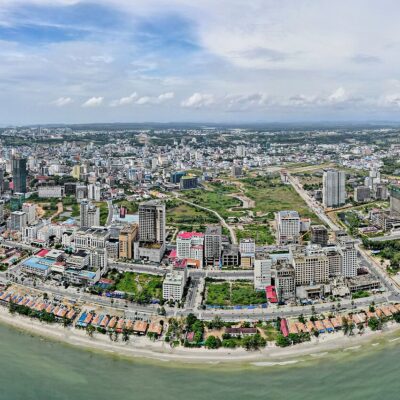 Panoramic aerial view of Sihanoukville Special Economic Zone from Otres Beach.