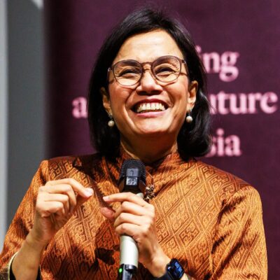 Close up of Sri Mulyani Indrawati delivering the Southeast Asia Oration, August 2026.