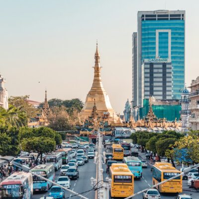 Busy traffic near Sule Pagoda, Yangon, Myanmar.
