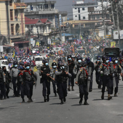 Taunggyi, Myanmar: Soldiers in the street during a crackdown on protesters.
